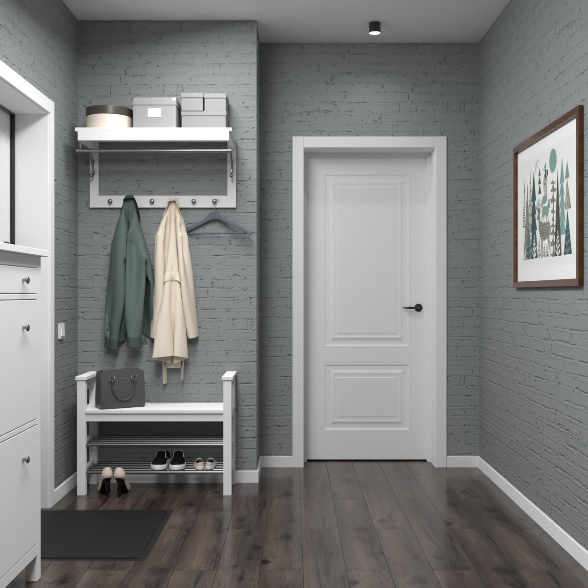 Белая дверь с белой мебелью