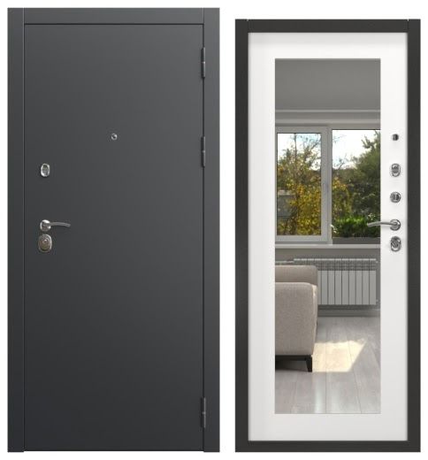 Дверь входная ALFA-00/69M, черный муар / шагрень белая с зеркалом