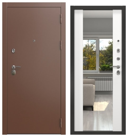 Дверь входная ALFA-00/71M, антик медь / шагрень белая с зеркалом