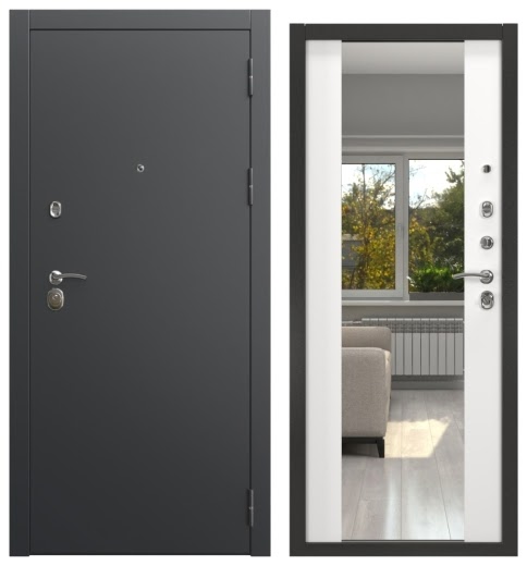 Дверь входная ALFA-00/71M, черный муар / шагрень белая с зеркалом