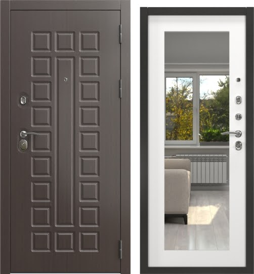Дверь входная ALFA-02/69M, венге / шагрень белая с зеркалом
