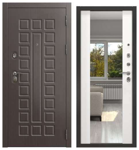 Дверь входная ALFA-02/71M, венге / шагрень белая с зеркалом