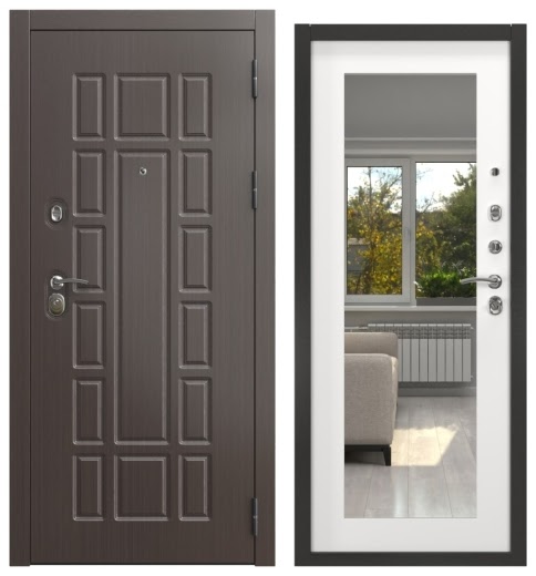 Дверь входная ALFA-124/69M, венге / шагрень белая с зеркалом