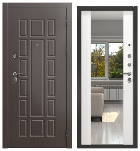 Дверь входная ALFA-124/71M, венге / шагрень белая с зеркалом