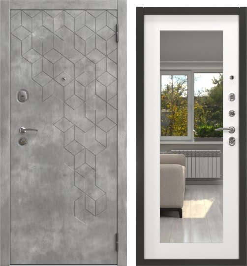 Дверь входная ALFA-126/69M, бетон темный / шагрень белая с зеркалом