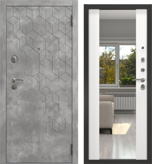 Дверь входная ALFA-126/71M, бетон темный / шагрень белая с зеркалом