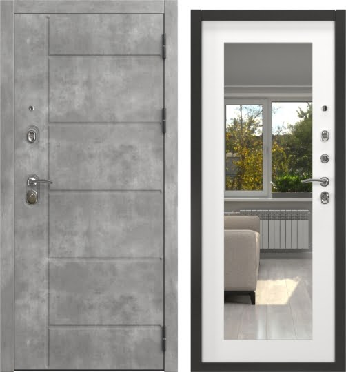 Дверь входная ALFA-130/69M, бетон темный / шагрень белая с зеркалом