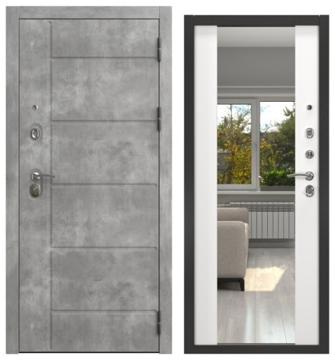 Дверь входная ALFA-130/71M, бетон темный / шагрень белая с зеркалом