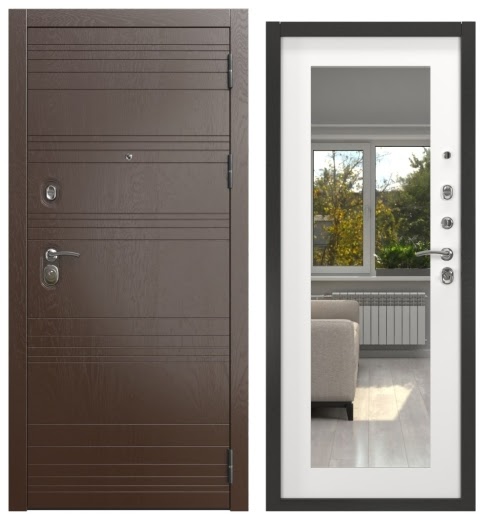 Дверь входная ALFA-39/69M, дуб шоколад / шагрень белая с зеркалом