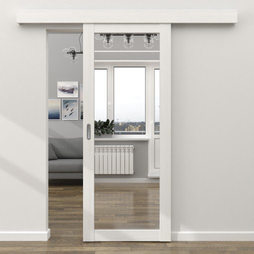 Раздвижная одностворчатая дверь FK021 (экошпон белый, зеркало)