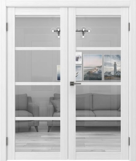 Распашная двустворчатая дверь FK027 (экошпон белый, стекло прозрачное)