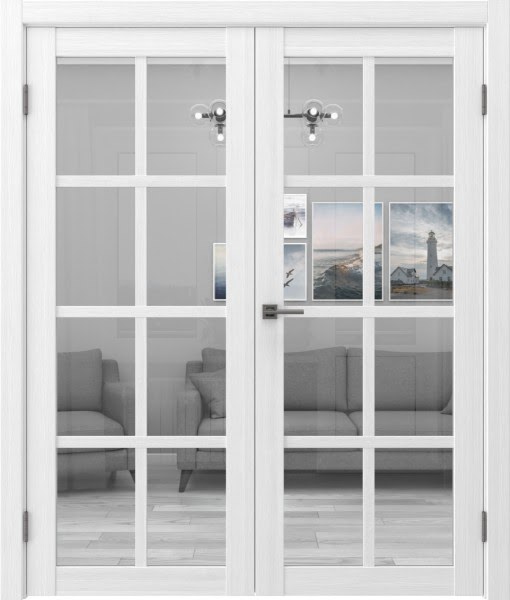Распашная двустворчатая дверь FK028 (экошпон белый, стекло прозрачное)