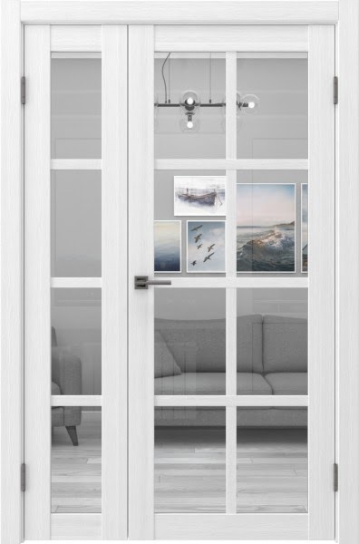 Распашная полуторная дверь FK028 (экошпон белый, стекло прозрачное)