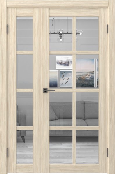 Распашная полуторная дверь FK028 (экошпон «беленый дуб FL», стекло прозрачное)