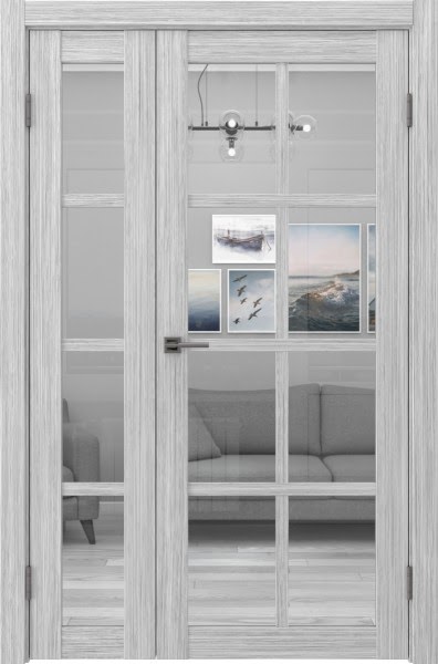 Распашная полуторная дверь FK028 (экошпон «серый дуб FL», стекло прозрачное)