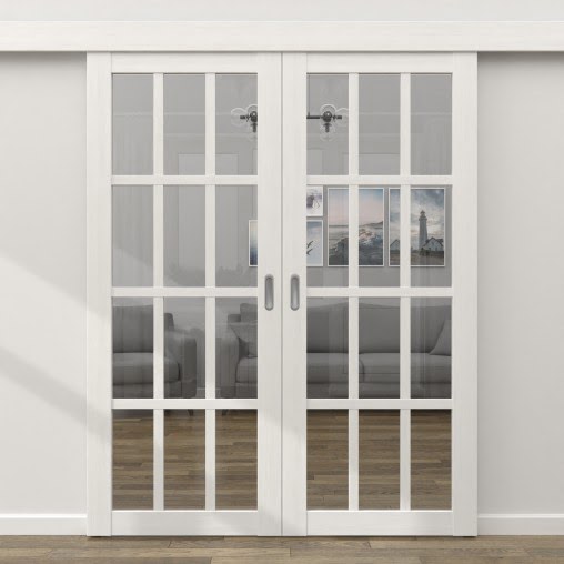 Двустворчатая раздвижная дверь FK029 (экошпон белый, прозрачное стекло)