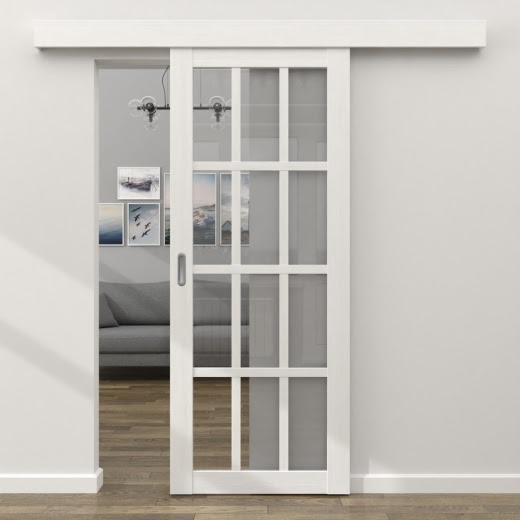 Раздвижная одностворчатая дверь FK029 (экошпон белый, прозрачное стекло)