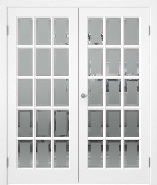 Распашная двустворчатая дверь FM001 (массив сосны, эмаль белая, стекло с фацетом)