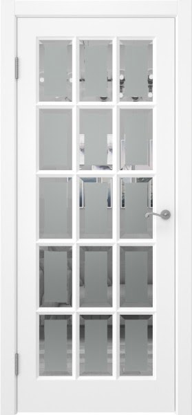 Межкомнатная дверь FM001 (массив сосны, эмаль белая, стекло с фацетом)