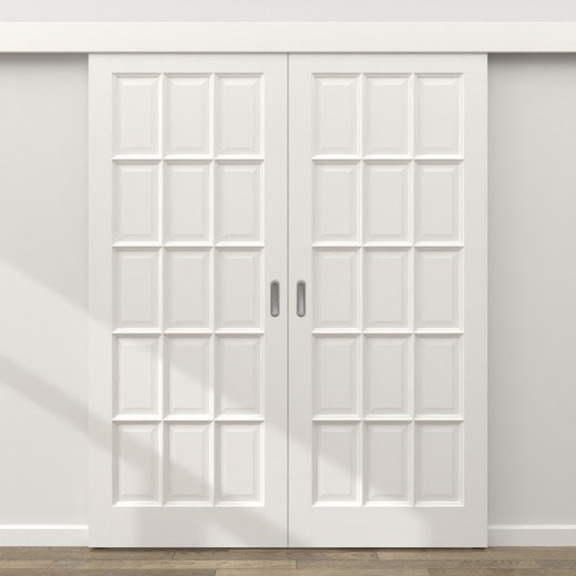 Двустворчатая раздвижная  дверь FM001 (массив сосны, эмаль белая, глухая)