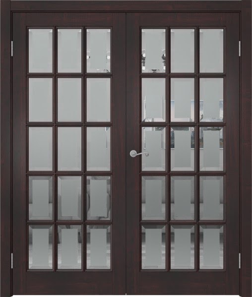 Распашная двустворчатая дверь FM001 (массив сосны, лакированная с морилкой, стекло с фацетом)
