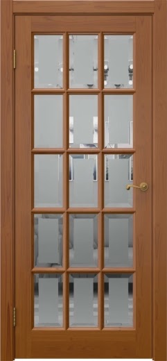 Межкомнатная дверь FM001 (массив сосны, лак светлый, стекло с фацетом)