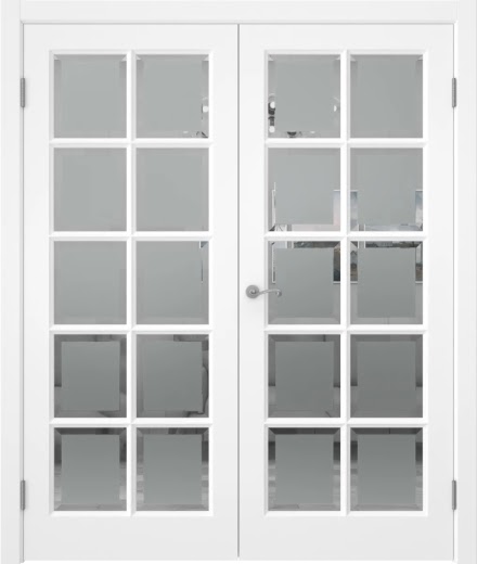 Распашная двустворчатая дверь FM003 (массив сосны, эмаль белая, стекло с фацетом)