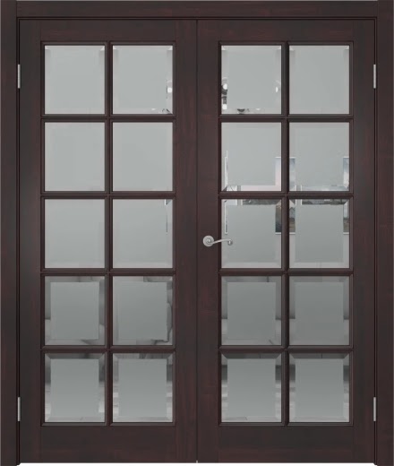 Распашная двустворчатая дверь FM003 (массив сосны, лакированная с морилкой, стекло с фацетом)