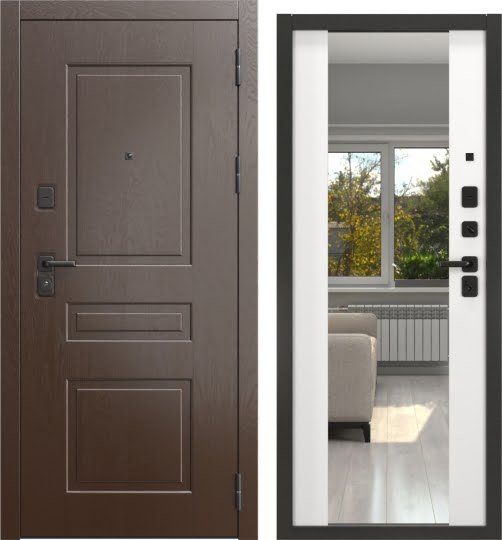 Дверь входная FORT-150/71M, дуб шоколад / шагрень белая с зеркалом