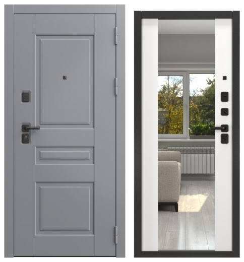 Дверь входная FORT-150/71M, графит муар / шагрень белая с зеркалом