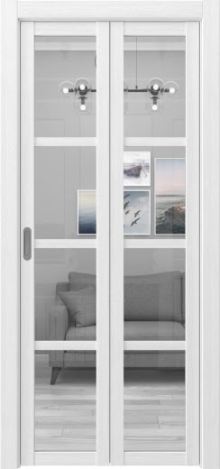 Складная дверь PM001 (экошпон белый, стекло прозрачное)