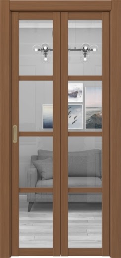 Складная дверь PM001 (экошпон «орех», стекло прозрачное)
