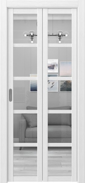 Складная дверь PM002 (экошпон белый, стекло прозрачное)