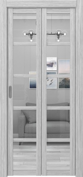 Складная дверь PM002 (экошпон «серый дуб FL», стекло прозрачное)