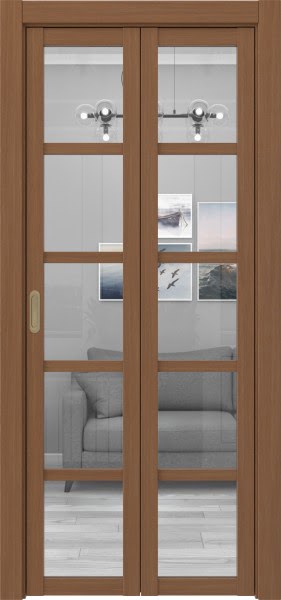 Складная дверь PM002 (экошпон «орех», стекло прозрачное)