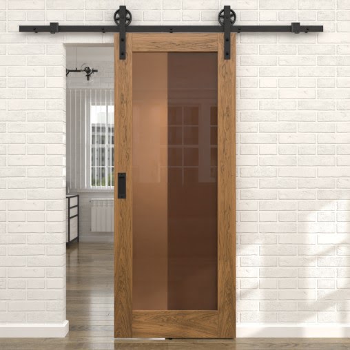 Раздвижная амбарная дверь RL001 (шпон дуб античный с патиной, сатинат бронзовый)