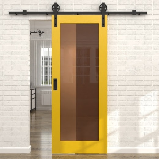 Раздвижная амбарная дверь RL001 (эмаль RAL 1032 по шпону ясеня, сатинат бронзовый)