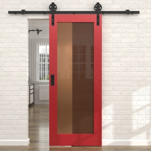 Раздвижная амбарная дверь RL001 (эмаль RAL 3001 по шпону ясеня, сатинат бронзовый)