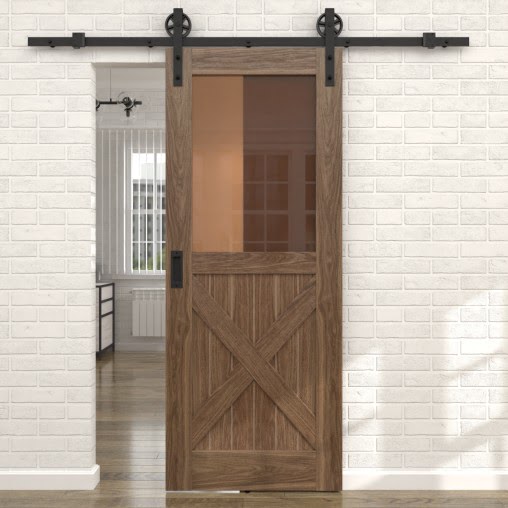 Раздвижная амбарная дверь RL003 (шпон американский орех, сатинат бронзовый)