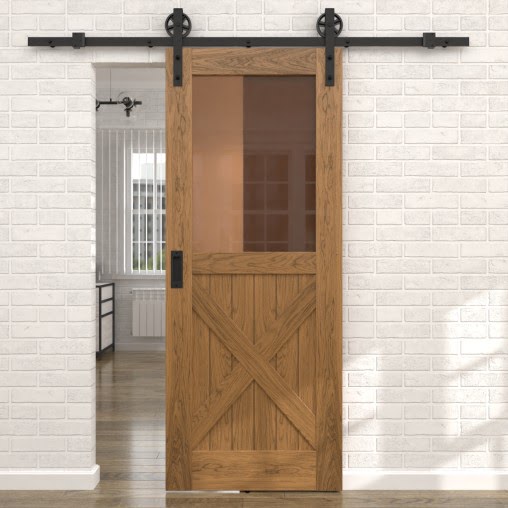 Раздвижная амбарная дверь RL003 (шпон дуб античный с патиной, сатинат бронзовый)