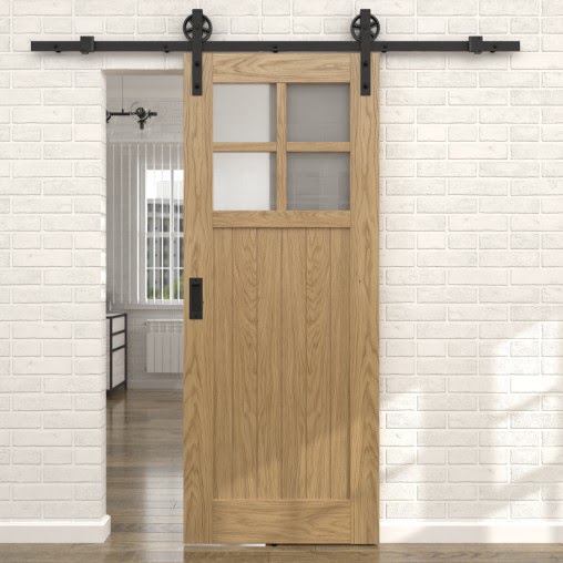 Раздвижная амбарная дверь RL004 (натуральный шпон дуба, остекленная)