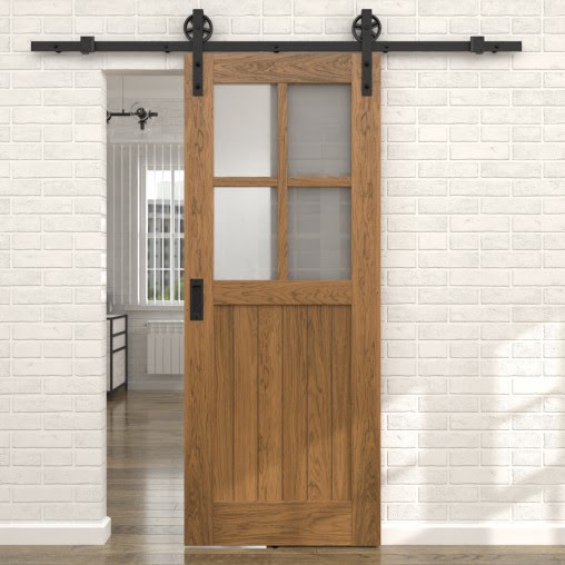 Раздвижная амбарная дверь RL005 (шпон дуб античный с патиной, сатинат)