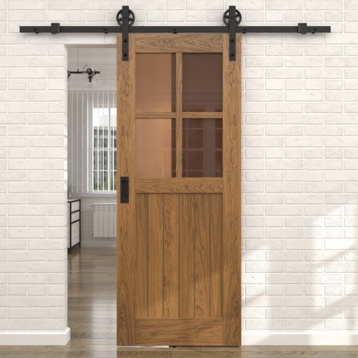 Раздвижная амбарная дверь RL005 (шпон дуб античный с патиной, сатинат бронзовый)