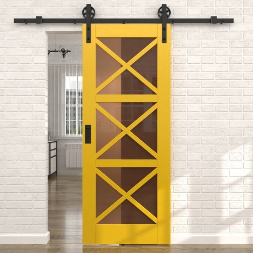 Раздвижная амбарная дверь RL006 (эмаль RAL 1032 по шпону ясеня, сатинат бронзовый)