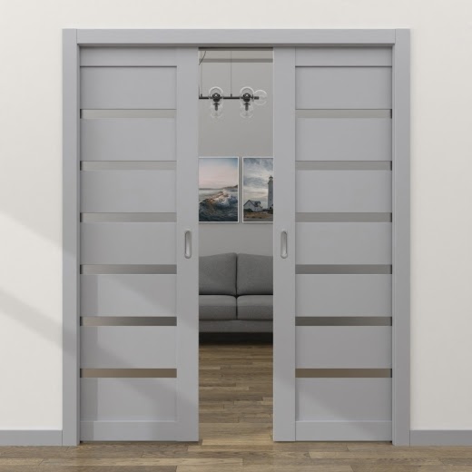 Двустворчатая дверь-пенал RM002 (экошпон серый, матовое стекло)