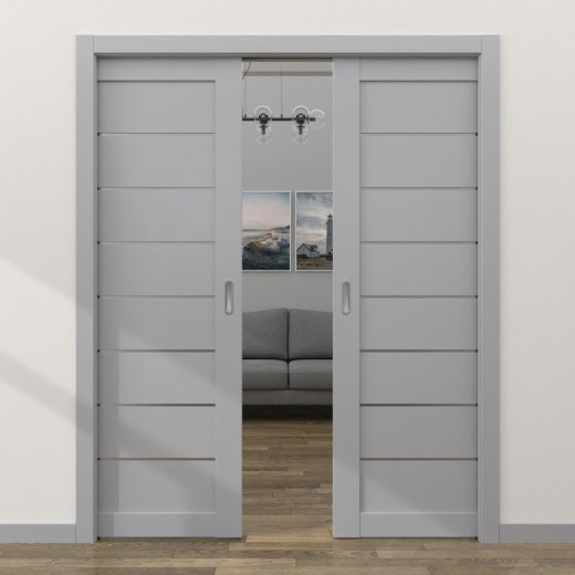 Двустворчатая дверь-пенал RM003 (экошпон серый, матовое стекло)