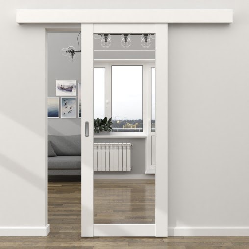 Раздвижная одностворчатая дверь RM048 (экошпон белый, зеркало)