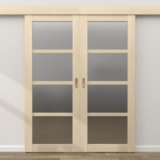 Двустворчатая раздвижная дверь RM059 (экошпон «лиственница кремовая», матовое стекло)