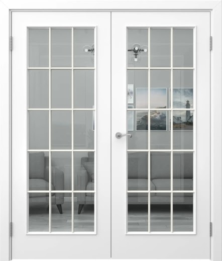 Распашная двустворчатая дверь SK005 (эмаль белая, стекло прозрачное)