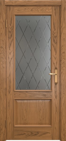 Межкомнатная дверь SK011 (шпон дуб античный с патиной, матовое стекло с гравировкой)